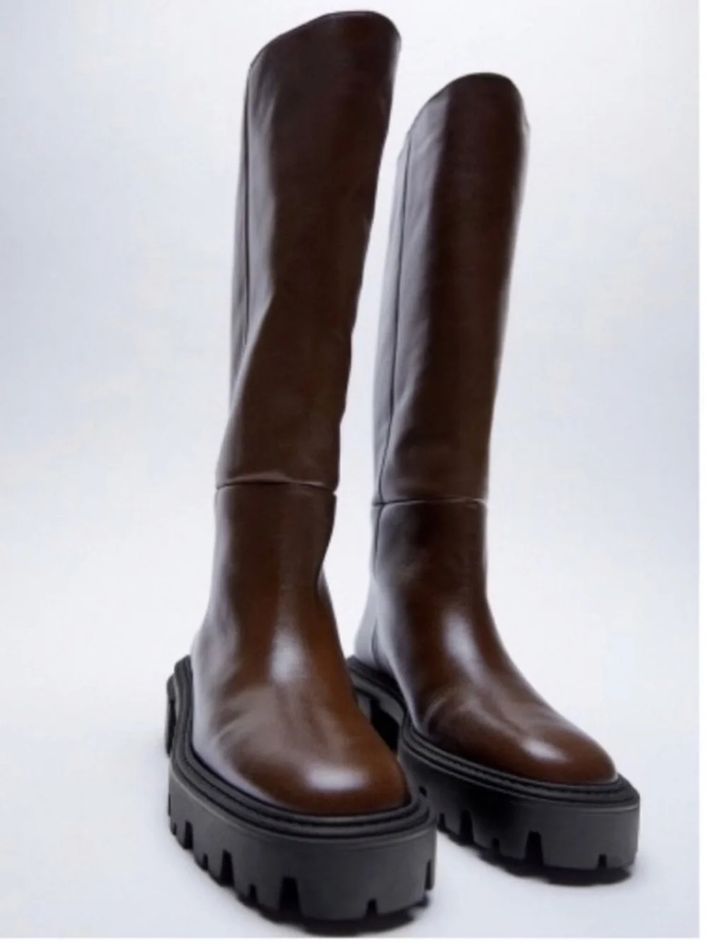 Viral Zara Knee-High Lug Sole Boots in Brown
